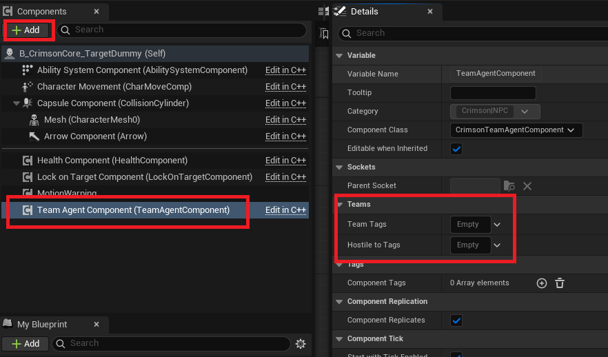 Add Component -> Crimson Team Agent Component, then set Team Tags and Hostile To Tags in its Details.