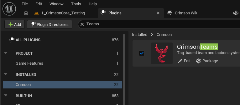 Edit -> Plugins -> search 'Crimson' -> tick CrimsonTeams's Enabled checkbox -> restart.