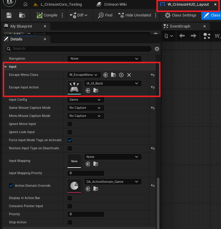 BP_HUDLayout Class Defaults: Escape Menu Class = WBP_PauseMenu, Escape Input Action = IA_UI_Escape (optional), Controller Disconnected Screen Class + Platform Requires Controller Disconnect Screen (console only).