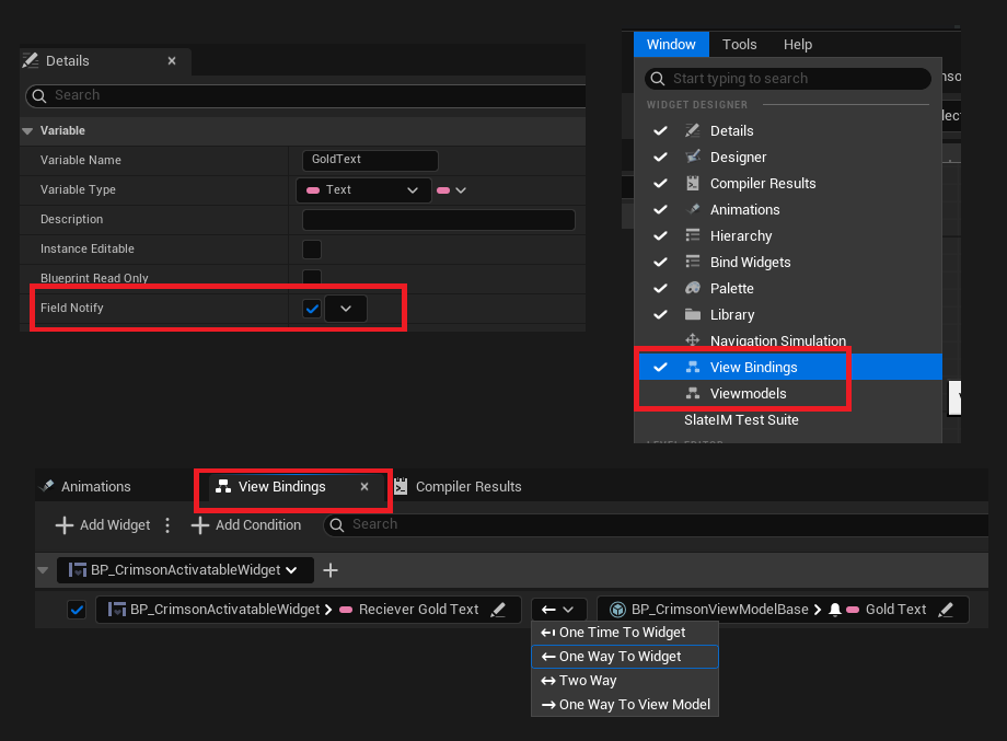 Viewmodels panel: BP_InventoryVM added; View Bindings map GoldText -> TextBlock.Text. Graph: Event On Activated -> Get Viewmodel -> Initialize (Local Player = Get Owning Local Player).