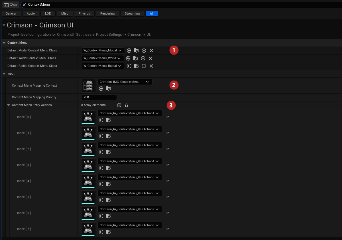 Project Settings -> Crimson -> Crimson UI, filtered to ContextMenu: (1) the shipped menu widget classes, (2) the mapping context the subsystem applies while a menu is open, (3) the eight row actions - element N fires row N.