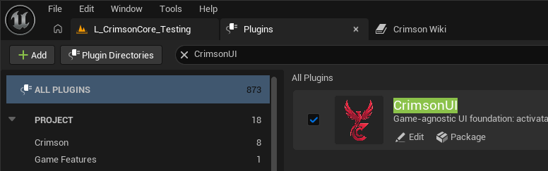 Edit -> Plugins -> search 'Crimson' -> tick CrimsonUI's Enabled checkbox -> restart the editor.