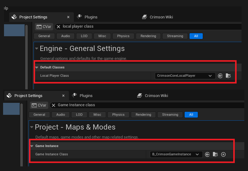 Content Browser -> Blueprint Class -> parent = Crimson Common Game Instance -> name it BP_GameInstance. Then Project Settings -> Maps & Modes -> Game Instance Class = BP_GameInstance.