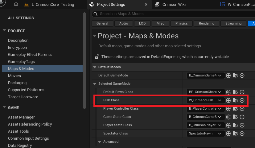 Project Settings -> Maps & Modes -> Selected GameMode -> HUD Class = Crimson HUD (Default GameMode set to your GameMode Blueprint).