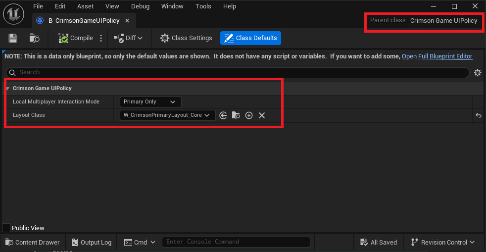 BP_UIPolicy (parent: Crimson Game UI Policy) Class Defaults: Layout Class = BP_RootLayout, Local Multiplayer Interaction Mode = Primary Only.