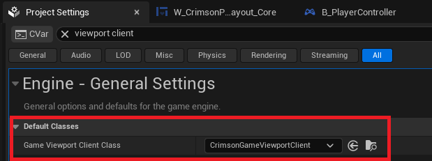 Edit -> Project Settings -> Engine -> General Settings -> Default Classes -> Game Viewport Client Class = Crimson Game Viewport Client.