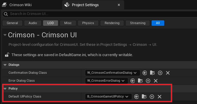 Project Settings -> Crimson -> Crimson UI: the settings ship pre-filled - Default UI Policy Class = B_CrimsonUIPolicy, with the dialog and context-menu defaults already set.